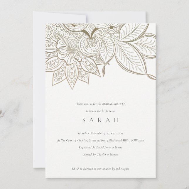 Ornate Paisley Ivory Gold Bridal Shower Invite (Front)