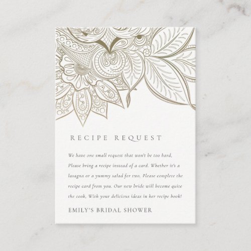Ornate Paisley Ivory Gold Bride Recipe Request Enclosure Card