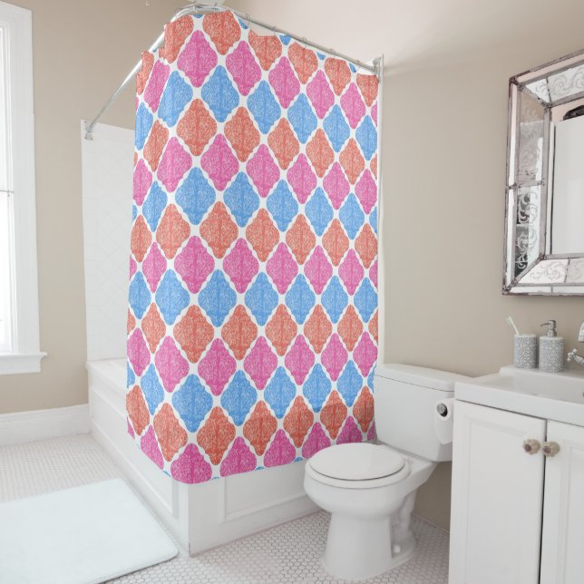 Ornate Patchwork Diamonds Pattern Shower Curtain (In Situ)