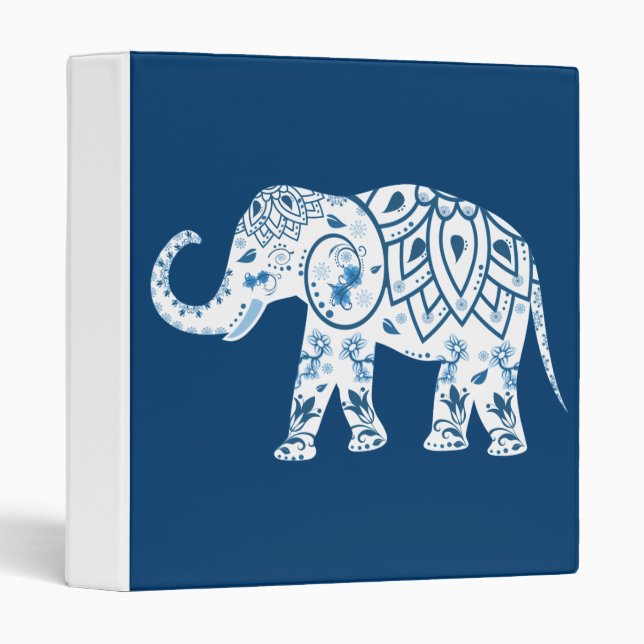 Ornate Patterned Blue Elephant 3 Ring Binder (Front/Spine)