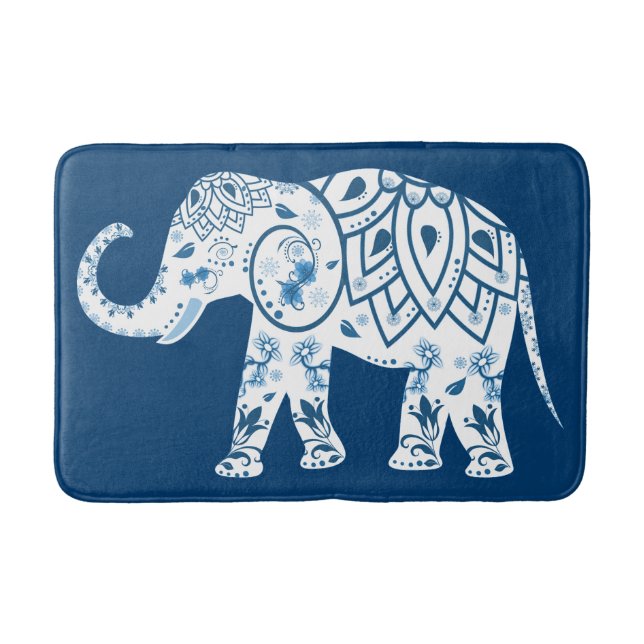 Ornate Patterned Blue Elephant Bathroom Mat (Front)