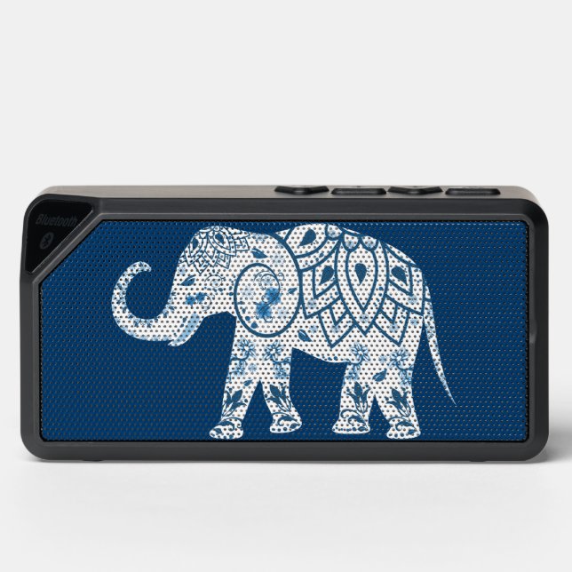 Ornate Patterned Blue Elephant Bluetooth Speaker (Front)