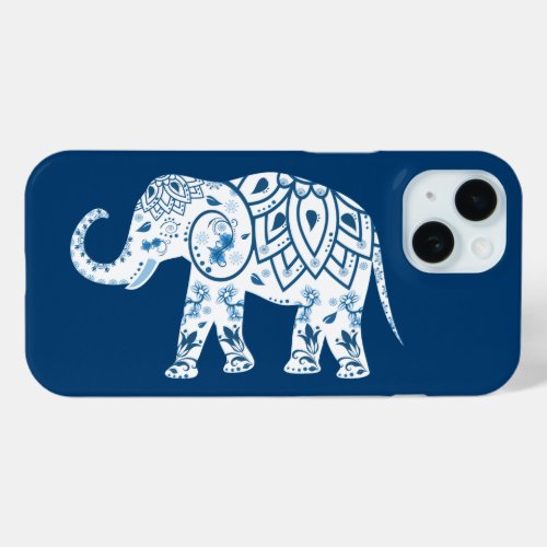 Ornate Patterned Blue Elephant iPhone 15 Case