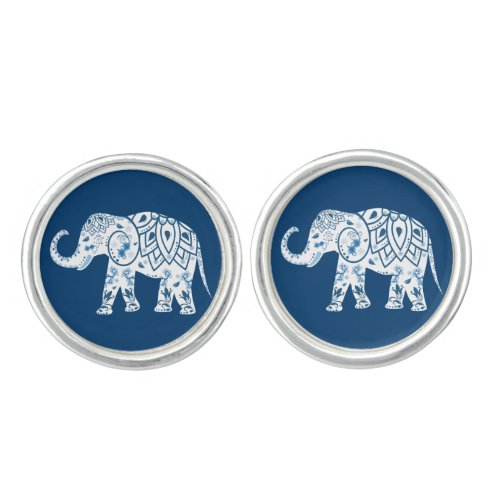 Ornate Patterned Blue Elephant Cufflinks