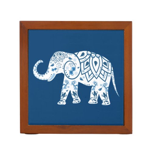 Ornate Patterned Blue Elephant Desk Organizer