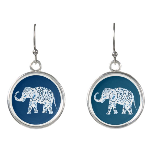 Ornate Patterned Blue Elephant Earrings (Front)