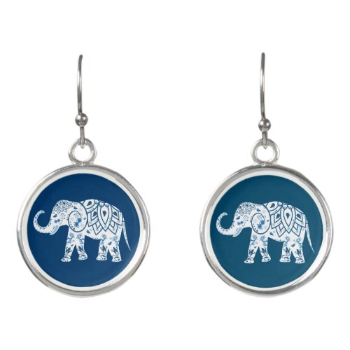 Ornate Patterned Blue Elephant Earrings