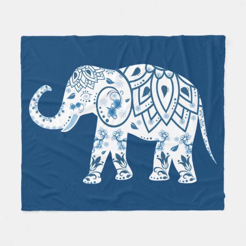 Ornate Patterned Blue Elephant Fleece Blanket