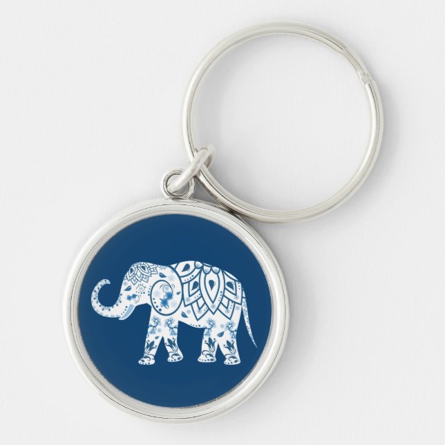 Ornate Patterned Blue Elephant Keychain (Front)