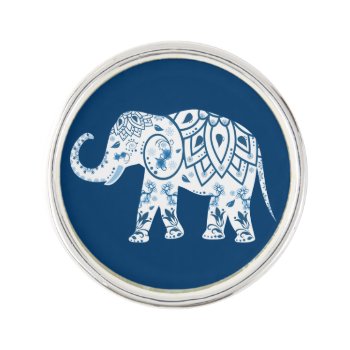 Ornate Patterned Blue Elephant Lapel Pin by LouiseBDesigns at Zazzle