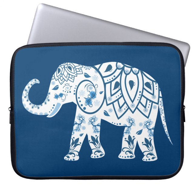 Ornate Patterned Blue Elephant Laptop Sleeve (Front)