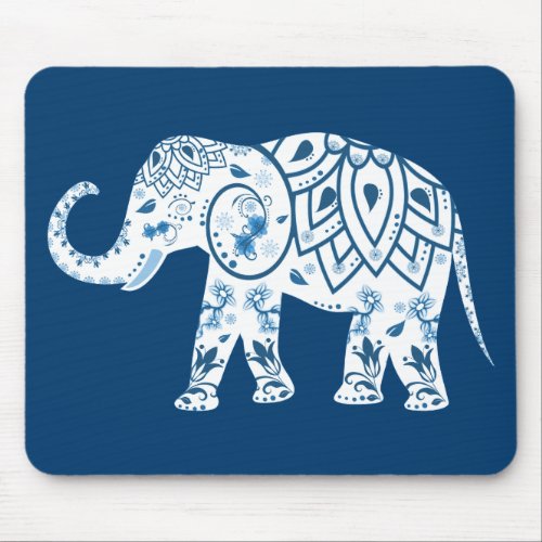 Ornate Patterned Blue Elephant Mouse Pad