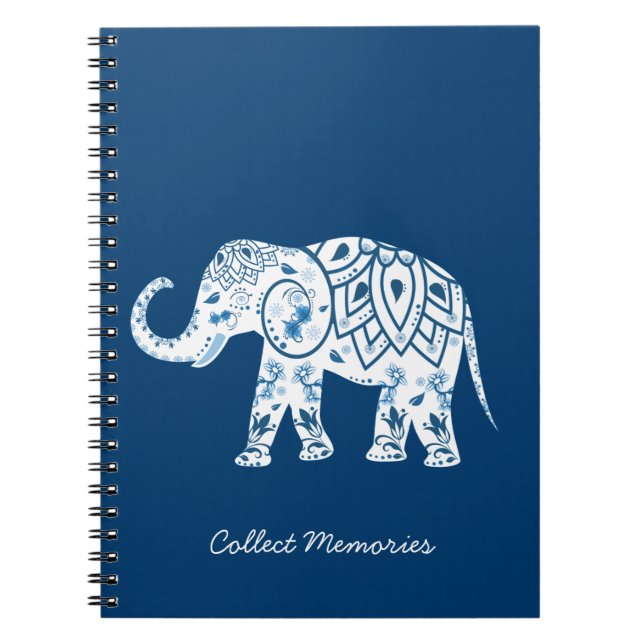 Ornate Patterned Blue Elephant Notebook (Front)