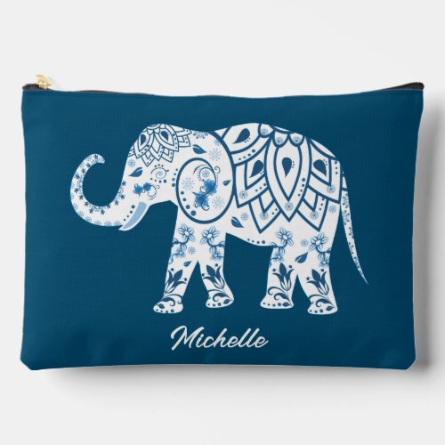 Ornate Patterned Blue Elephant Personalised Accessory Pouch