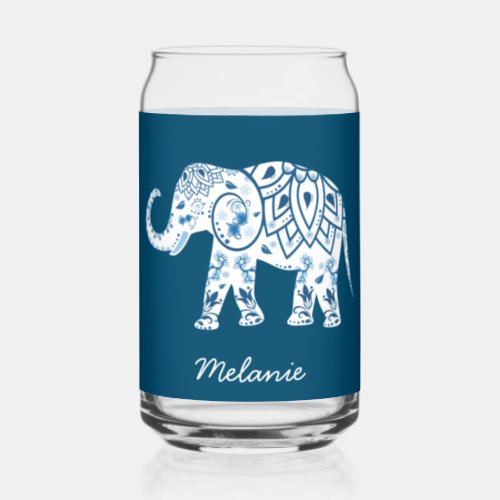 Ornate Patterned Blue Elephant Personalised Can Glass