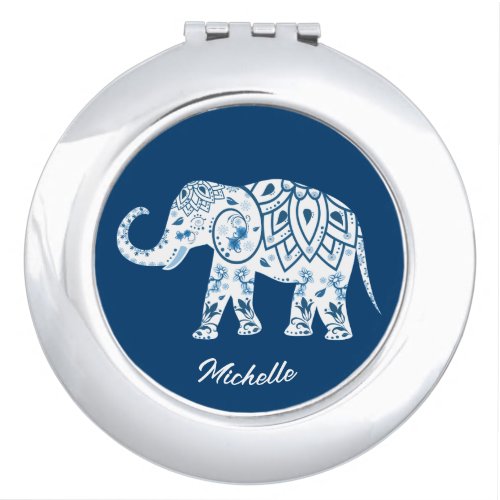 Ornate Patterned Blue Elephant Personalised Compact Mirror