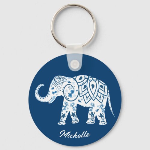 Ornate Patterned Blue Elephant Personalised Keychain