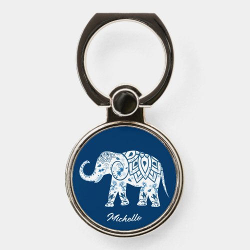 Ornate Patterned Blue Elephant Personalised Phone Ring Stand