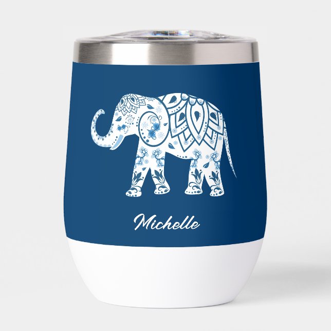 Ornate Patterned Blue Elephant Personalised Thermal Wine Tumbler (Front)