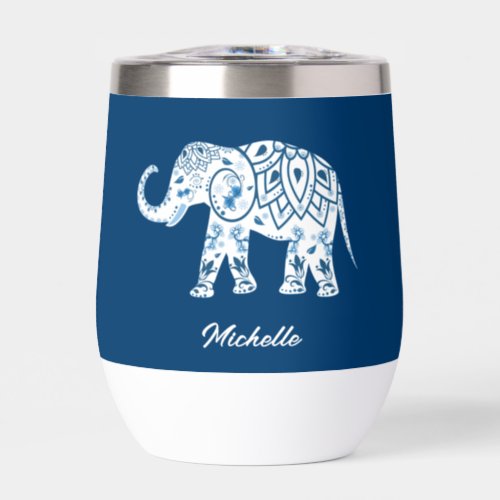 Ornate Patterned Blue Elephant Personalised Thermal Wine Tumbler