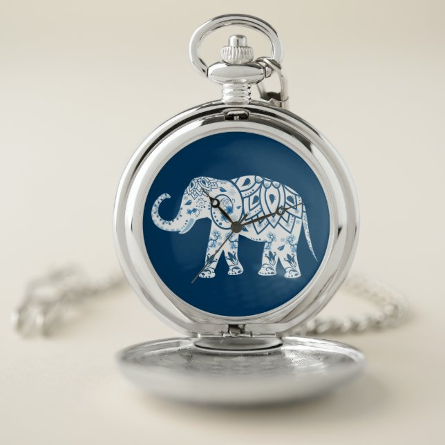 Ornate Patterned Blue Elephant Pocket Watch (Inside)