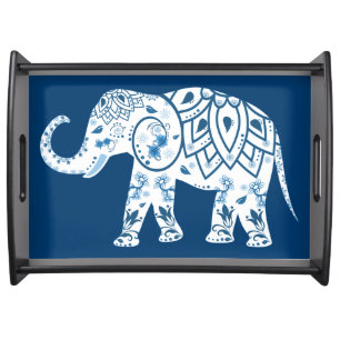 Ornate Patterned Blue Elephant Serving Tray