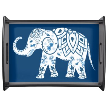 Ornate Patterned Blue Elephant Serving Tray by LouiseBDesigns at Zazzle