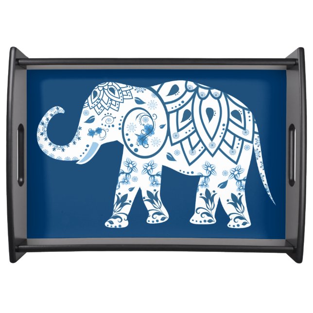 Ornate Patterned Blue Elephant Serving Tray (Front)
