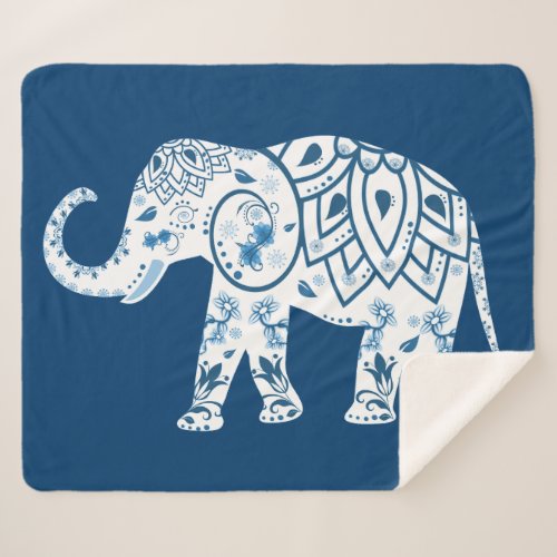 Ornate Patterned Blue Elephant Sherpa Blanket