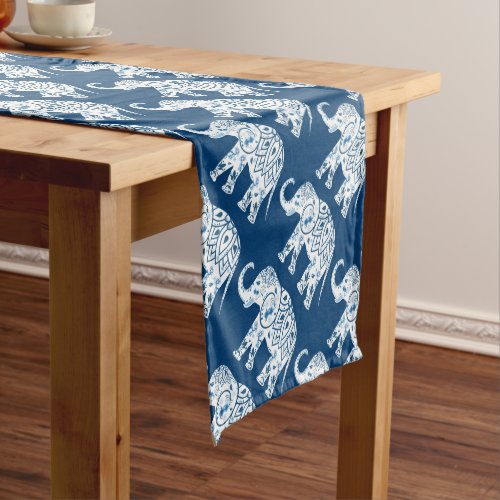 Ornate Patterned Blue Elephant Short Table Runner