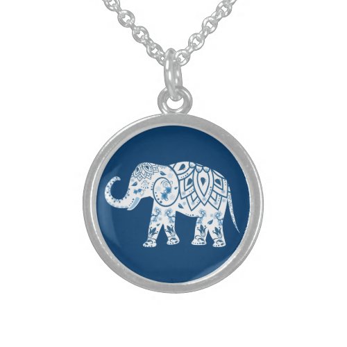 Ornate Patterned Blue Elephant Sterling Silver Necklace