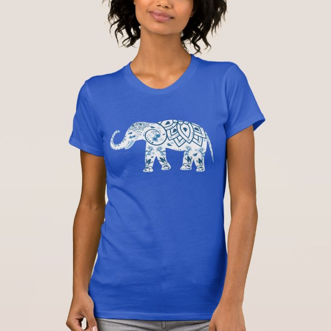 Ornate Patterned Blue Elephant T-Shirt (Front)