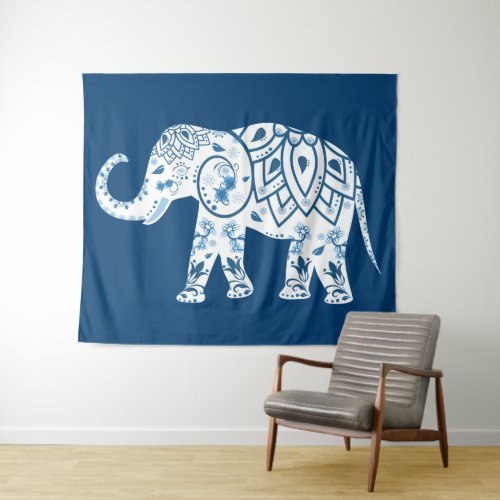 Ornate Patterned Blue Elephant Tapestry
