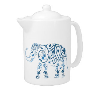 Ornate Patterned Blue Elephant Teapot