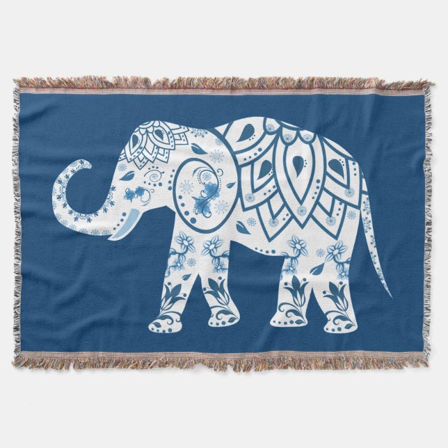 Ornate Patterned Blue Elephant Throw Blanket (Front)