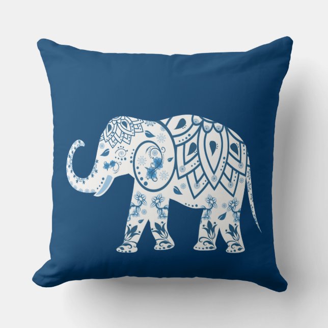Ornate Patterned Blue Elephant Throw Pillow (Front)