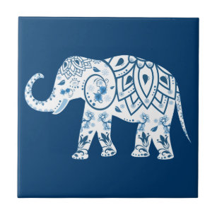 Ornate Patterned Blue Elephant Tile