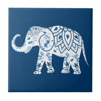 Ornate Patterned Blue Elephant Tile by LouiseBDesigns at Zazzle