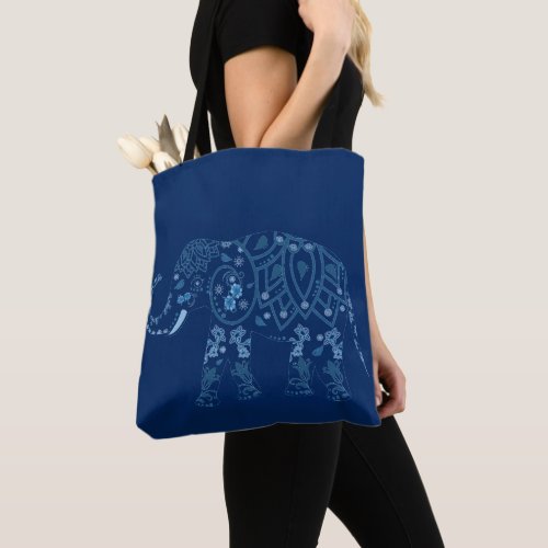 Ornate Patterned Blue Elephant Tote Bag