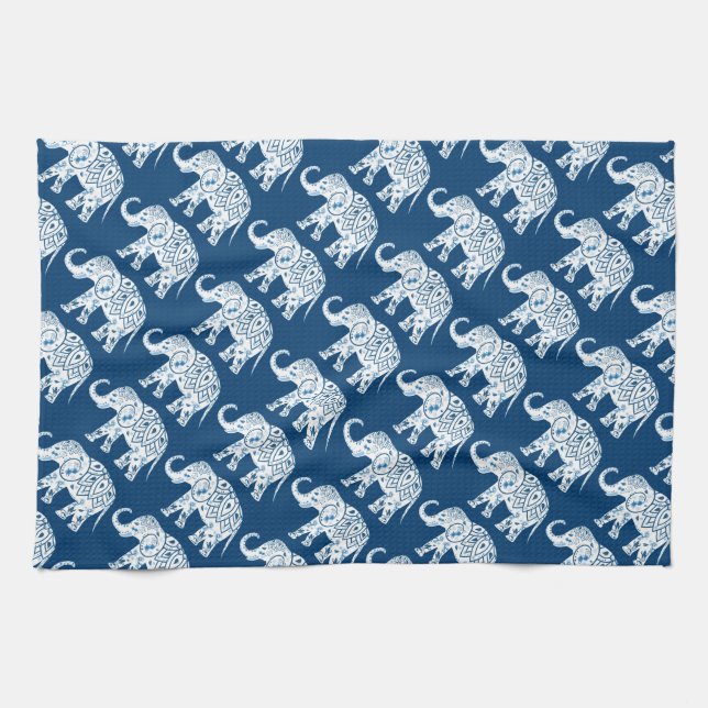 Ornate Patterned Blue Elephant Towel (Horizontal)