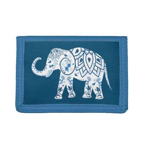 Ornate Patterned Blue Elephant Trifold Wallet