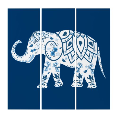 Ornate Patterned Blue Elephant Triptych