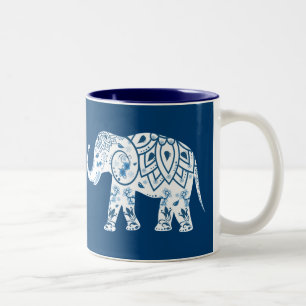 Ornate Patterned Blue Elephant Two-Tone Coffee Mug