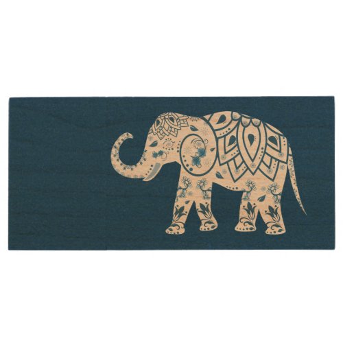 Ornate Patterned Blue Elephant Wood Flash Drive