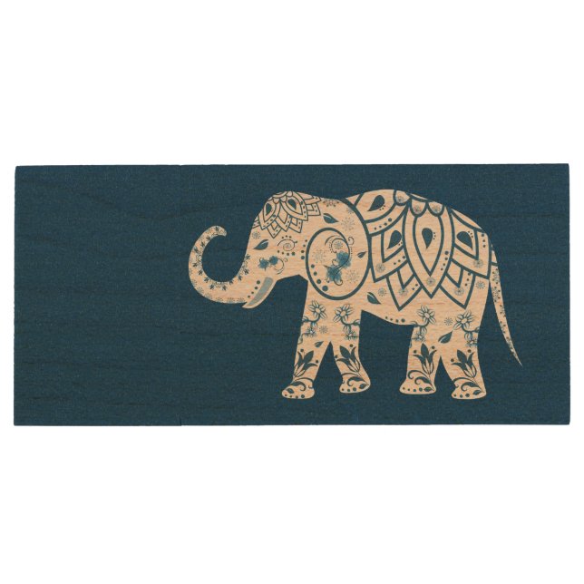 Ornate Patterned Blue Elephant Wood Flash Drive (Back)