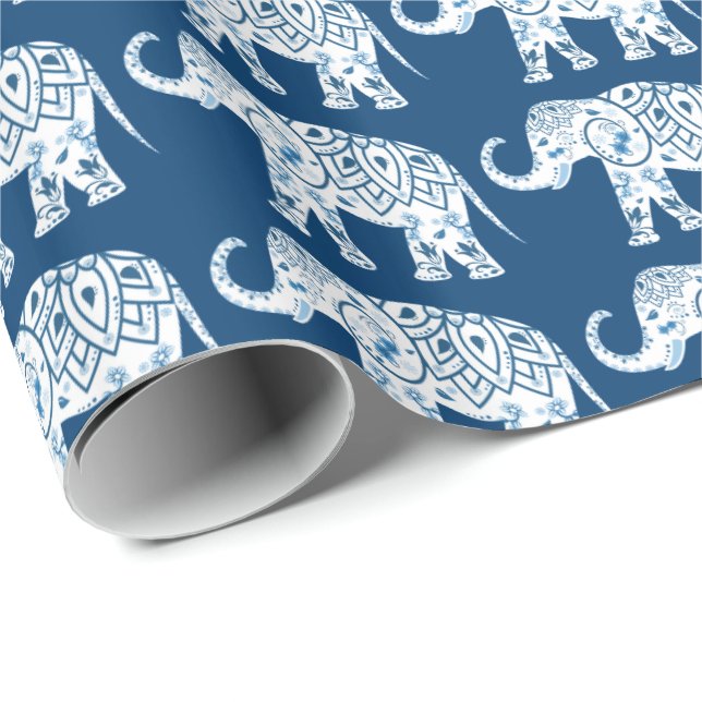Ornate Patterned Blue Elephant Wrapping Paper (Roll Corner)