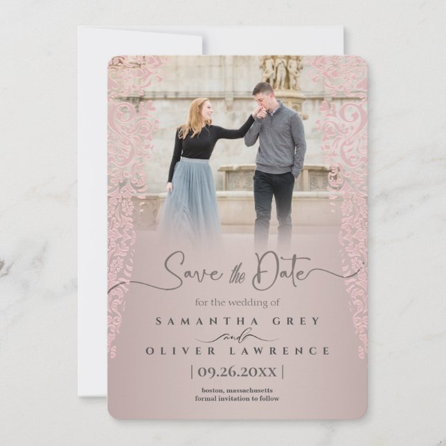 Ornate Peach Damask Save the Date Card (Front)