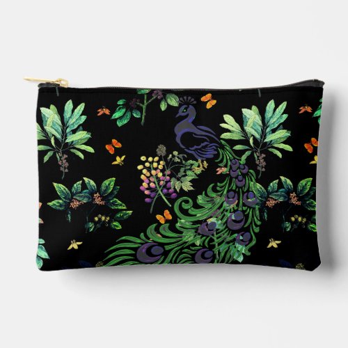 Ornate Peacock and Vintage Floral Accessory Pouch