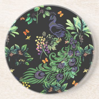 Ornate Peacock And Vintage Floral Coaster by LouiseBDesigns at Zazzle