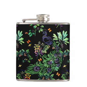Ornate Peacock and Vintage Floral Flask